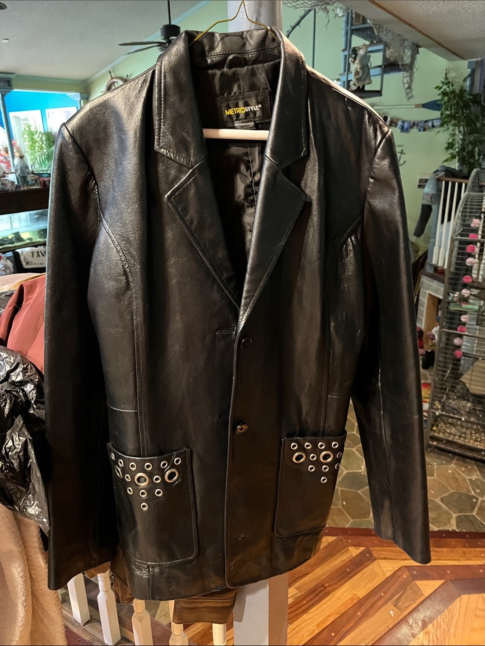 RetroStyle Black Leather Blazer with Grommet Pockets